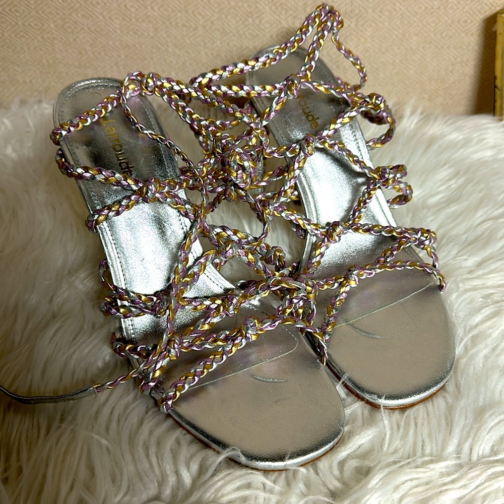 Larroude silver gold pink braided Gladiator Sandals, Multistrap & Buckle Closure